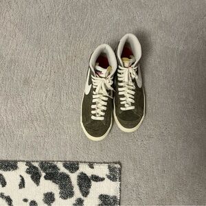 Nike Olive Green Suede High-Top Sneakers with White Swoosh and Cream Sole